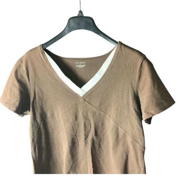 Kim Rogers Women's V-Neck Shirt Short Sleeve Size L Brown & White Cotton Blend - Picture 7 of 10